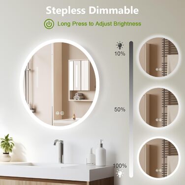LED дзеркало для ванної кімнати AllRight з підсвічуванням 50см кругле - диммування, 3 кольори світла (3500K-6500K), сенсорне керування, антизапар, для макіяжу та гоління