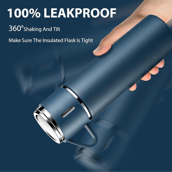 500ml Stainless Steel Thermos Flask with Cup and Handle - Leakproof Vacuum Insulated Travel Bottle for Kids, Sports (Black & Blue)