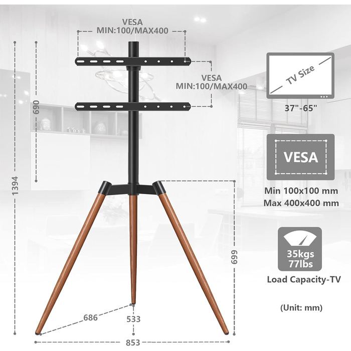 RFIVER Adjustable TV Stand with Swivel - Fits 32-65 Inch TVs, VESA 400x400, 35kg Weight Capacity (Red-Brown)