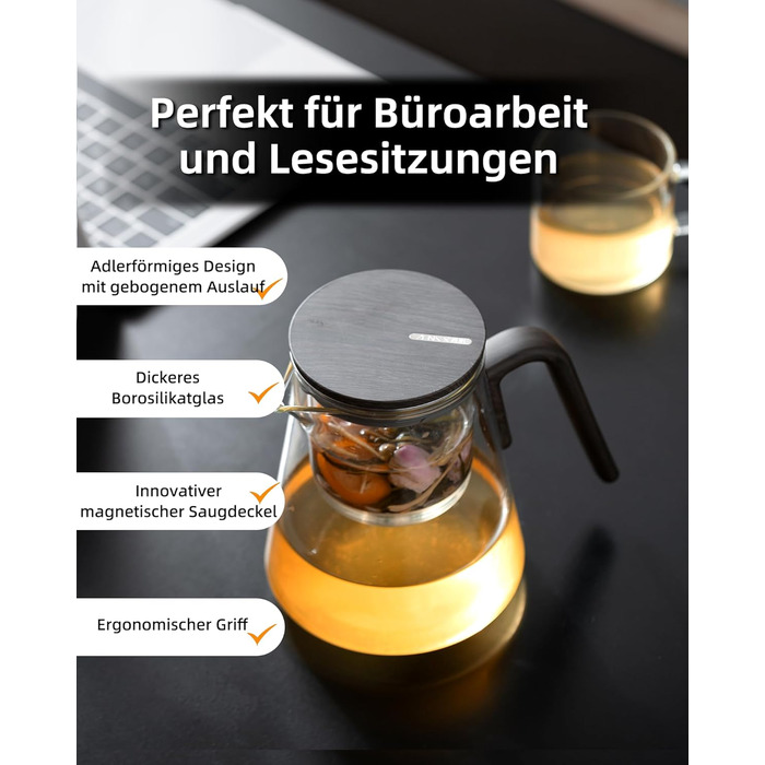 Чайник ZENS Magic з боросилікатного скла з ситом, 800 мл, з магнітним кришкою та ручкою з чорного горіха, для заварювання листового чаю