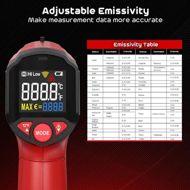 Інфрачервоний термометр SQECH з лазером, -50℃~600℃, регульований емісійний коефіцієнт, кольорова підсвітка, для кухні, піца-печі, холодильника, промисловості (червоний)