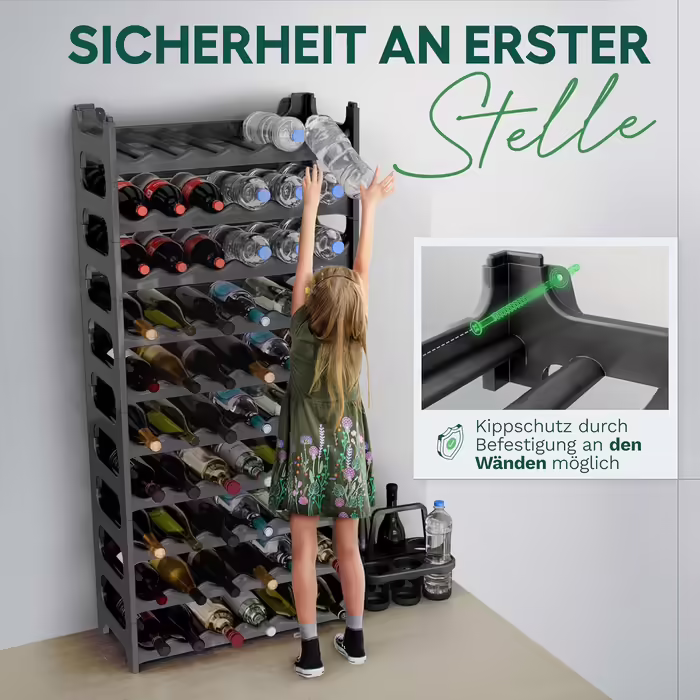Plastic bottle rack for 36 bottles, expandable, stackable wine rack, black, beverage rack bottle shelving system, shelf for drinks, bottle cabinet, liquor rack