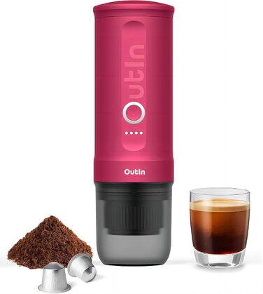 Outin Portable Electric Espresso Machine, Camping Coffee Maker, Self-Heating with USB-C, Compatible with Ground Coffee & Nespresso Capsules - Fuchsia Pink