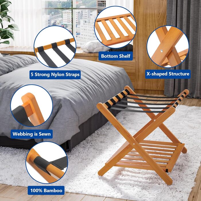 Fully assembled white luggage rack, enhanced bamboo, foldable suitcase stand with 5 nylon straps, luggage holder with shelf for guest rooms, hotel (white luggage rack, 1 piece) (honey, 1 piece)