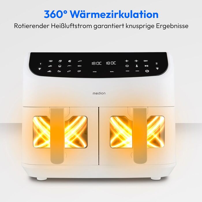 MEDION P20 XXL Фритюрниця для повітря з 2 камерами (8,7 л, 2600 Вт, 10 програм, ILAG PFAS-free, MD11760) матово-біла