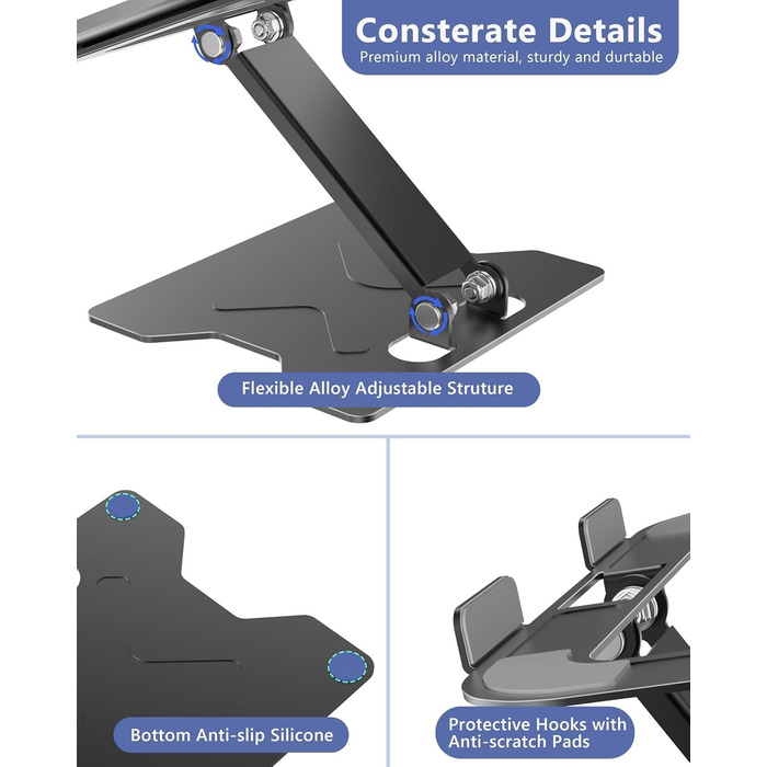 Adjustable Laptop Stand for Desk - Portable Aluminum Laptop Riser, Foldable, Fits HP 10-16 Inch Laptops, Black