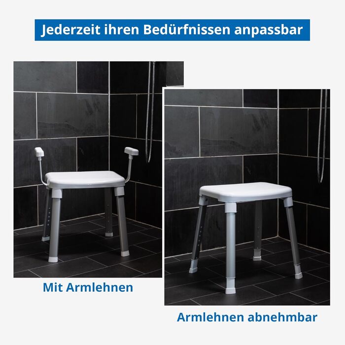 Weinberger Bath Stool Shower Seat with Backrest | Anti-Slip | Supports up to 150 kg | Modern Bathroom Aid for Seniors | Height Adjustable | Model 43906 | White (Bath Stool with Armrests)
