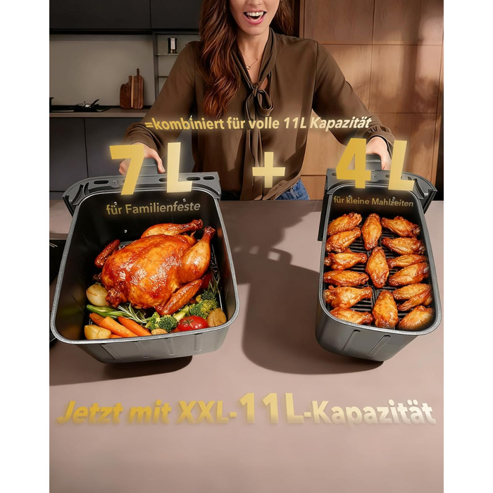 Фритюрниця повітряна WELLENT 2 камери, 2600W, 11л (4+7л) з сенсорним екраном, 10 функцій, для дому