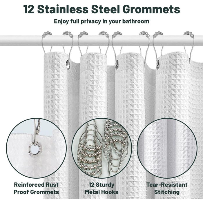 Штора для душу біла 180x180 см, вафельна, з металевими кільцями та гачками, водонепроникна, з утяжеленим краєм