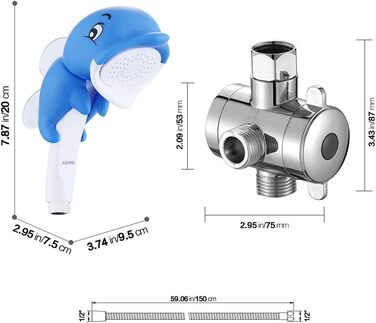 KAIYING Kids Showerheads, Cartoon Water Flow Sprinkler Shower, Shower Attachment for Toddlers, Baby Handheld Shower Head Bathroom Accessories, Kids Shower Attachment (J:Showerhead(Frog)+Hose+Switch Valve) (Dolphin Showerhead Set)