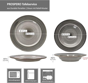 MÄSER Prospero 12-ти елементний сервіз для столу з коричневого фаянсу з рельєфом на 6 осіб. Включає 6 супових та 6 тарілок для їжі. Підходить для сніданку, обіду та вечері.