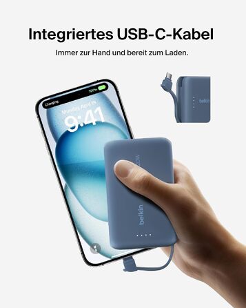 Повербанк Belkin BoostCharge 10000mAh з вбудованим кабелем USB-C, 20W, LED-індикатором, синій