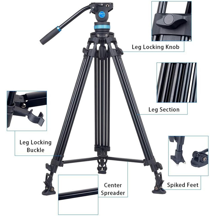 Штатив відео SIRUI SH15: компактний штатив для відеозйомки з 360° поворотним вузлом, висота 155 см, вантажопідйомність 10 кг, для DSLR, Camcorder, відеокамер