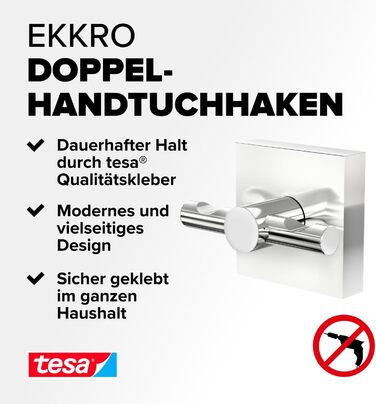 tesa EKKRO Towel Hook, Chrome-plated Stainless Steel - Bathroom Hook for Wall Mounting without Drilling, including Adhesive Solution - 50mm x 50mm x 63mm
