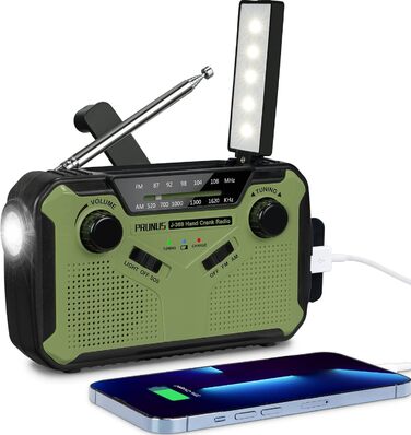 Радіо PRUNUS J-369: FM/AM, з ручним заводом, сонячна панель, Power Bank 3000mAh, SOS-сигнал, ліхтарик для кемпінгу та надзвичайних ситуацій (зелене)