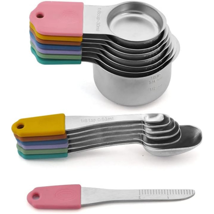 Magnetic kitchen collection of 14 measuring cups and spoons set made of stainless steel for dry and liquid ingredients, dishwasher safe, rust-proof, imperial and metric (black color)