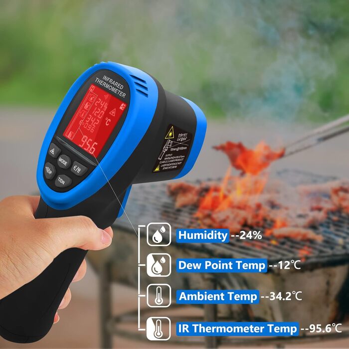 Інфрачервоний термометр 985E -50°C до 800°C з лазером, подвійний лазер, регульована емісійність, 20 комірок пам'яті, безконтактний для промисловості, піци, кухні (12 годин роботи від акумулятора) LC-985E