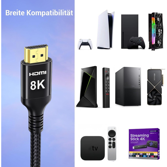 HDMI 2.1 кабель Etseinri 2 метри, 48Gbps, 4K 240Hz, 8K, eARC, HDCP2.3, HDR10+, Dolby Atmos, Vision, для моніторів, телевізорів, проекторів (Чорний)