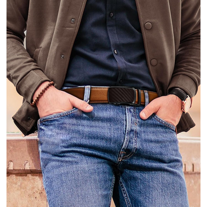 Чоловічі ремені KEMISANT 2 шт., шкіряні ремені з автоматичною застібкою-разом, регульовані, 35 мм, з подарунковою коробкою, чорний/коричневий, 115 см (32'-38' посадка)