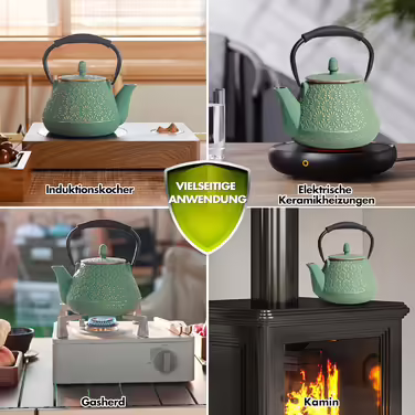 Cast Iron Teapot, 950ml Japanese Cherry Blossom Pattern Teakettle, Stovetop Safe, Infuser for Loose Tea & Coffee, Silicone Handle, Enamelled Interior, 32oz Blue (Light Green)