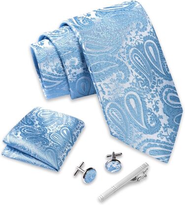Комплект чоловічий Massi Morino: краватка, нагрудна хустка, запонки, зажим для краватки, подарункова коробка - блакитний Paisley, універсальний розмір. Для весілля.