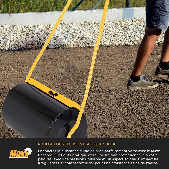 MaxxGarden Fillable Lawn Roller - Fillable garden roller with sand or water - Up to 50L - Lawn roller for lawns - 50cm x 32cm - Roller for leveling and pressing seeds - Size M - Black/Yellow