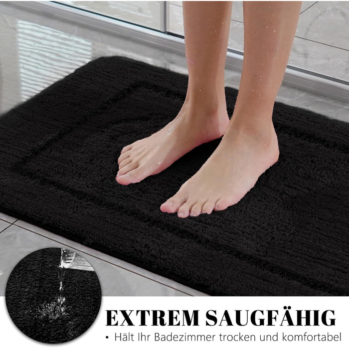 SOANNY Bath Mat Set - 2 Pack Microfiber Bathroom Rugs - Non-Slip, Water Absorbent - 53x86 cm & 50x50 cm - Black