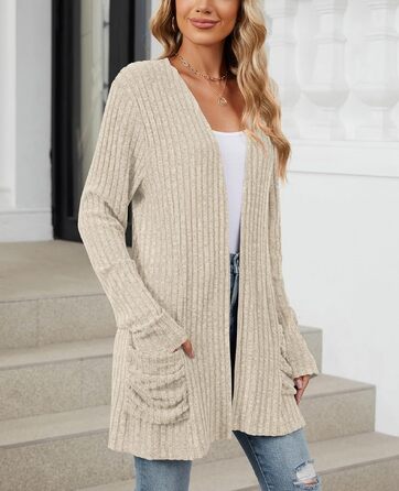 Кардиган жіночий Strickjacke Eegant бежевого кольору, розмір XXL. Теплий в'язаний кардиган з кишенями, еластичний трикотаж.