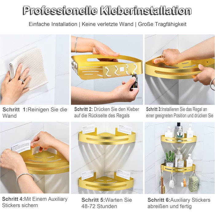 Поличка для душу без свердління, кутова поличка для ванної кімнати з алюмінію Space, трикутна корзина для душу з гачками, органайзер для шампуню, антикорозійна (2 шт., піскоструминне золоте покриття)