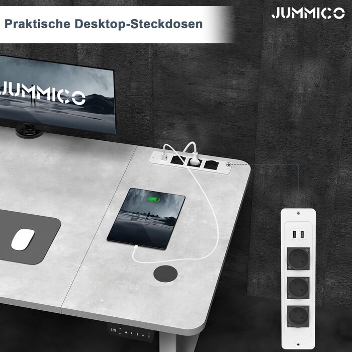 Електричний регульований стіл JUMMICO 140x70 см з бездротовою зарядкою, USB та євро-розеткою, сірої кольору – письмовий стіл для роботи стоячи та сидячи