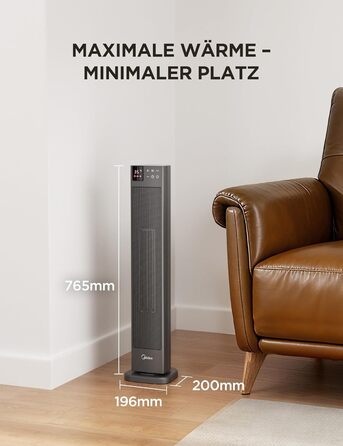 Електричний обігрівач Midea Ceramic 2000W з термостатом, 3 режими, таймер 24 год, захист від перегріву та перекидання, миттєве тепло для офісу та спальні (сірий, 76 см)
