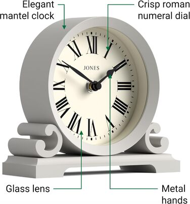 JONES CLOCKS® Saloon Table Clock | Traditional Double-Scroll Design | | Roman Numerals | Classic style for desk, table, shelf or bedside table. (Gray)