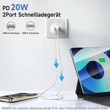 Зарядний пристрій 2 в 1 USB-C 20W, 2 порти (USB-C/USB-A) для iPhone 17 Pro Max/16/15/14/13/12, Galaxy, iPad - кабель Type-C 2м, блакитний (2 шт)