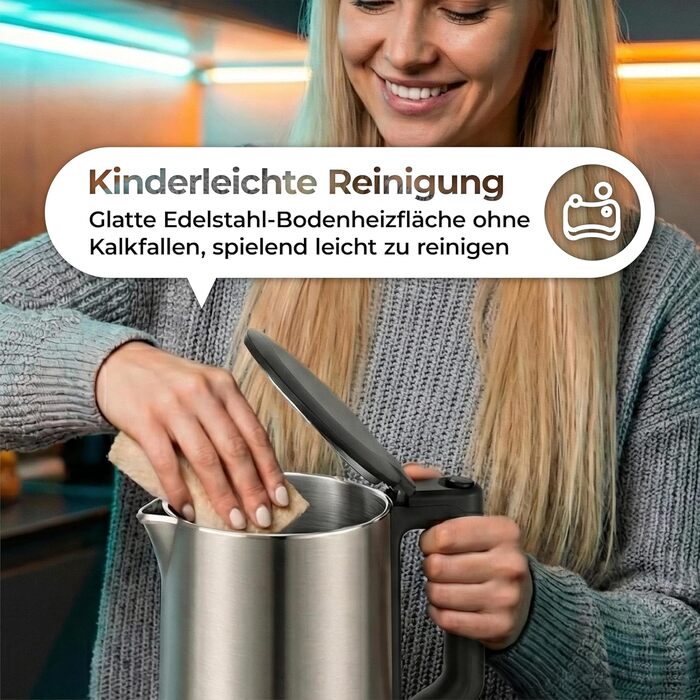 Електричний чайник Aeco AQA NEO з нержавіючої сталі, 1.7 л, 2150 Вт, без BPA, фільтр від накипу, бездротовий, CoolTouch, шампань сріблястий