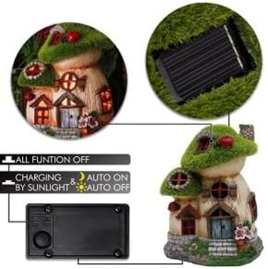 TERESA'S COLLECTIONS Outdoor Garden Decor, Garden Decoration, Fairy House Garden Decor, fairy garden, Mushroom, made of resin, with solar lamp, Green, Balcony, Autumn decor, Autumn Decoration, 16cm