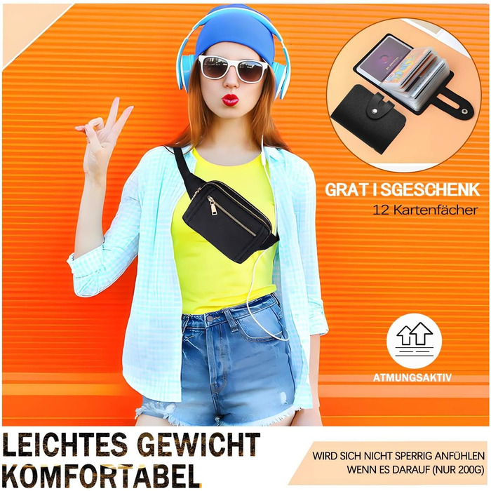 Чоловіча та жіноча поясна сумка Bauchtasche, стильна сумка на пояс для фестивалю, з регульованим ремінком та кількома кишенями, чорна. Підходить для бігу, спорту, прогулянок з собакою.