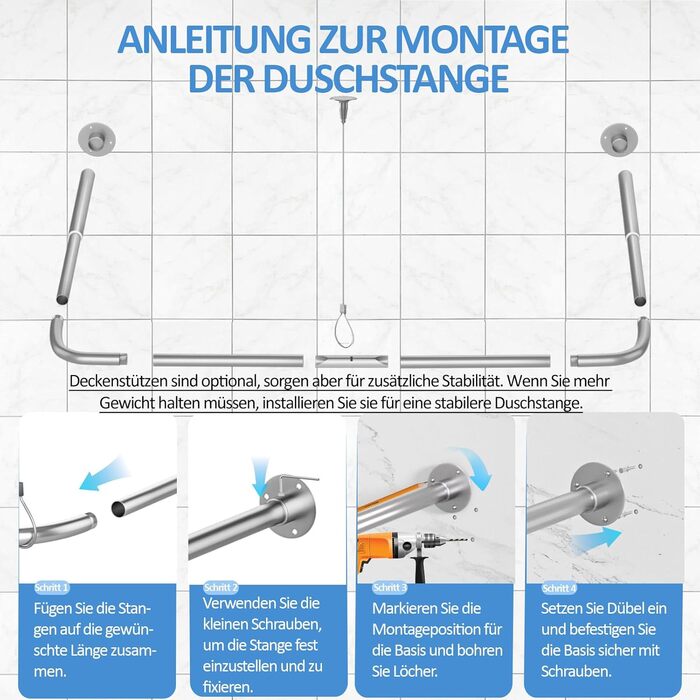 Регульована душова штанга U-подібної/L-подібної форми, 60-92 x 78-196 x 60-92 см, з 12 кільцями для шторки та підпоркою для стелі, для ванни/ванної кімнати, срібна