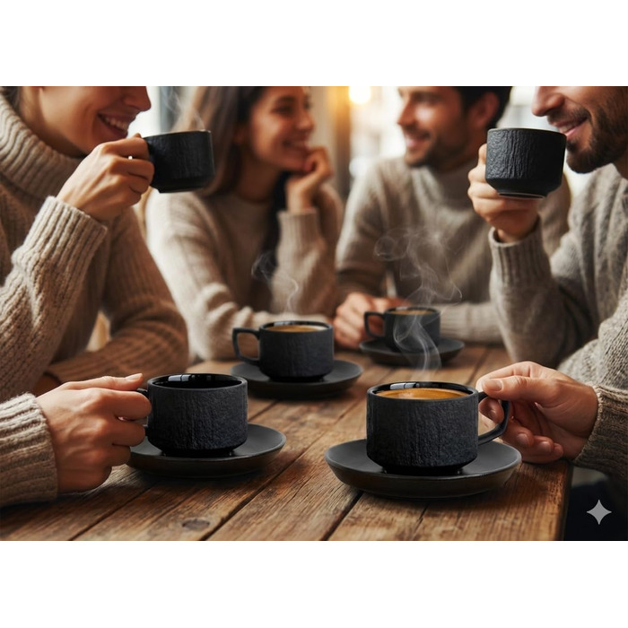 Набір з 4 чашки для еспресо Saumo з підставками, кераміка, 100 мл, чорний колір, сучасний дизайн. Ідеально для еспресо та кавових напоїв вдома, в офісі та на особливих заходах.