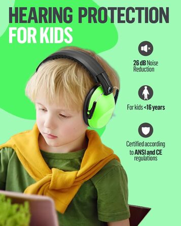 Навушники для захисту вух дитячі, SNR 26dB, для сну, навчання, регульоване наголов'я (зелені)