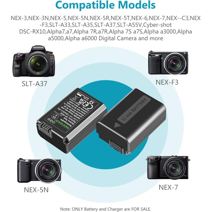 NEEWER NP-FW50: Запасний акумулятор та зарядний пристрій 2 в 1 для Sony ZV-E10, A7, A6000, RX10 (1100 mAh)
