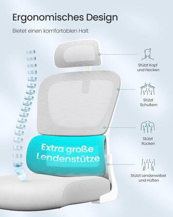 Офісний стіл SONGMICS, ергономічне крісло з сіткою, з адаптивною поперековою підтримкою та регульованою підголівником, для дому та офісу, сірий (OBN041G01)