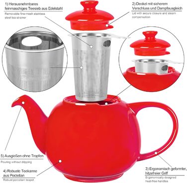 Teapot with infuser, Swansea Sea Green 1.1 L with filter, made of porcelain by URBAN LIFESTYLE, a drip-free teapot. Teapot with infuser, porcelain (Red)