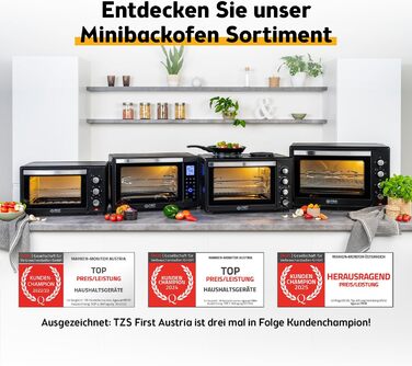 Міні-піч TZS First Austria 60L з плитами 3200 Вт - піч для піци з 6 режимами нагріву та 4 рівнями встановлення. Якісне обладнання з аксесуарами.