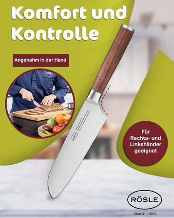 Кухонний ніж Santoku RÖSLE Masterclass 17 см, сталь, дерев'яна ручка, для м'яса, риби та овочів