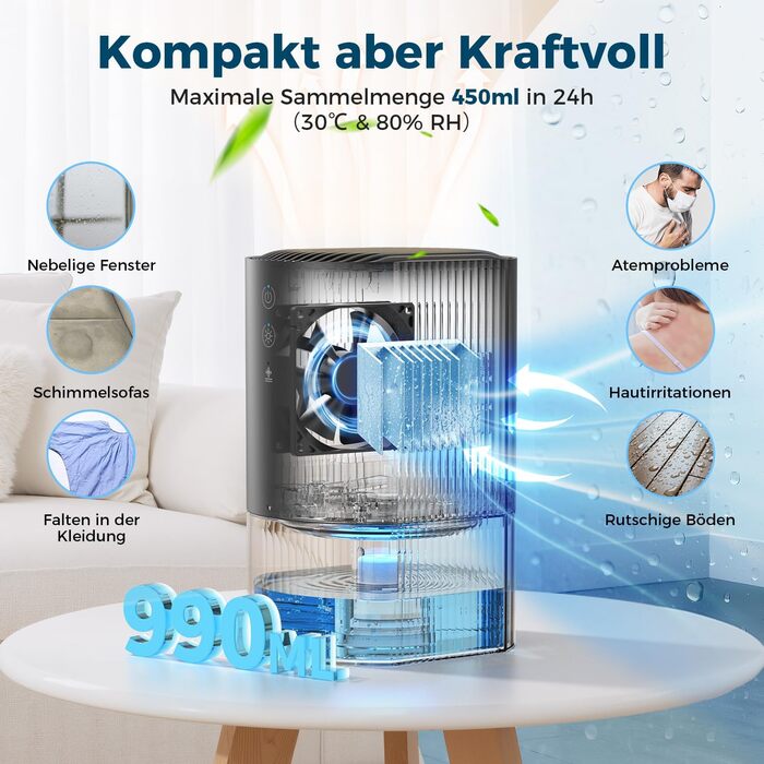 Електричний осушувач повітря AROEVE 990мл з 7-кольоровим підсвічуванням, автоматичним вимкненням та захистом від пролиття - для дому, шафи, ванної кімнати та кухні