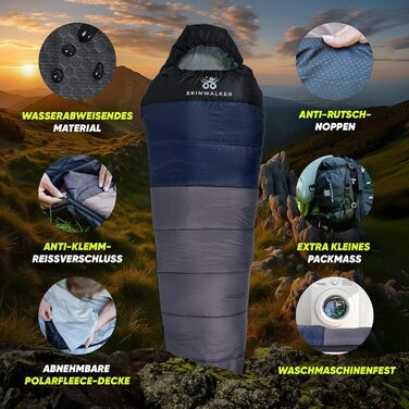 Спальний мішок SKINWALKER 3-4 сезони з знімним флісовим вкладишем, ультралегкий (-1600г), для кемпінгу та піших прогулянок, зимовий/літній, муміє, зелений (сіро-блакитний)
