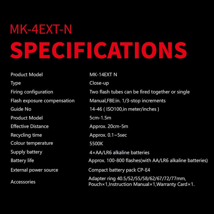 Makro спалах Meike MK-14EXT-N з LED AF Assist для камер Nikon (D5100, D3200, D3300, D5200, D90, D850, D3500)
