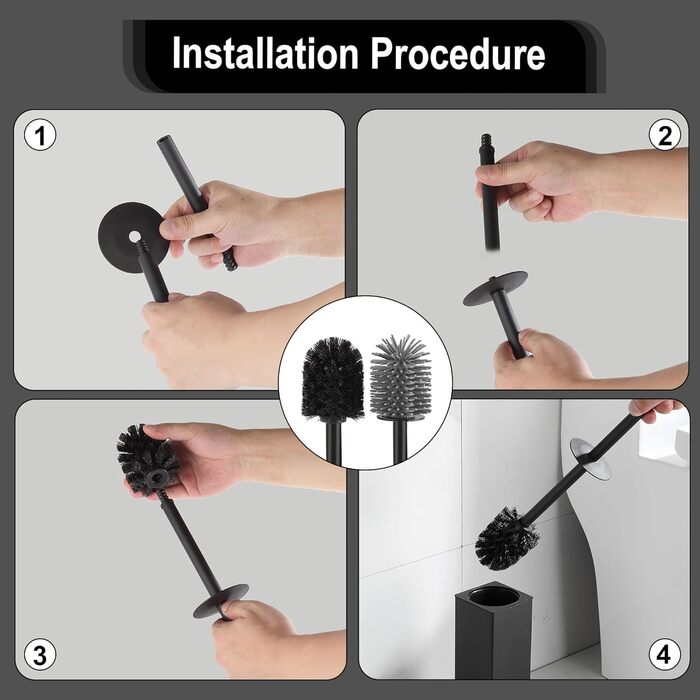 Чорна щітка для унітазу BVL з тримачем, метал, з 2 насадками, квадратна, силіконова, для ванної кімнати