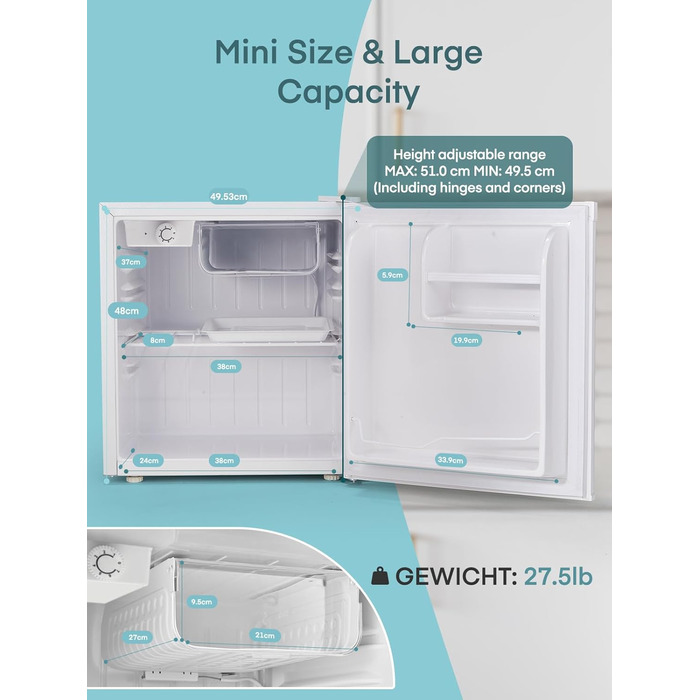 Міні холодильник FOHERE 46L з відділенням для льоду | Компактний холодильник з регулюванням температури, енергозберігаючий, тихий | Ідеальний для офісу, кемпінгу та геймінгу | Змінний бік відкривання дверцят | Білий