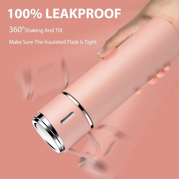Stainless Steel Thermos Flask with Cup and Handle - 500ml Insulated Travel Mug, Leak-Proof, Double-Walled, Vacuum Insulated, Keeps Hot/Cold for 12 Hours - for Kids, Sports, Travel (Black, Pink)